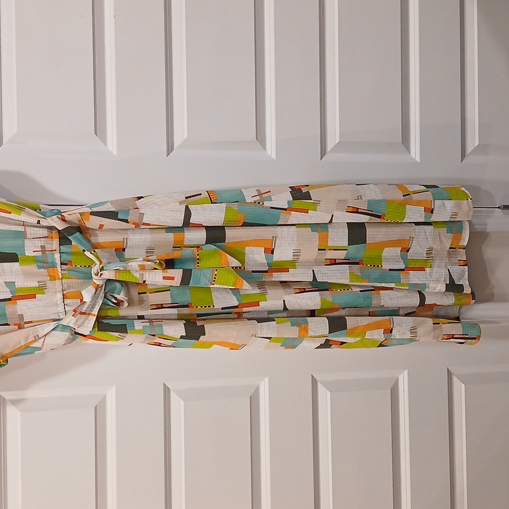 LDT Multi Color Pattern Button Down Tie Waist Dress Size 8 - Picture 9 of 9
